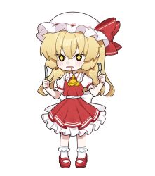  1girl ascot back_bow blonde_hair blush bow chibi chibi_only collared_shirt commentary_request drooling flandre_scarlet fork frilled_shirt_collar frilled_skirt frills full_body hair_between_eyes hat hat_bow highres holding holding_fork holding_knife hungry knife looking_at_viewer mary_janes mob_cap mokou_cooking mouth_drool open_mouth pointy_ears puffy_short_sleeves puffy_sleeves red_bow red_shoes red_skirt red_vest shirt shoes short_hair short_sleeves skirt skirt_set smile socks solo touhou variant_set vest white_bow white_hat white_shirt white_socks yellow_ascot 