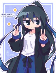  1girl absurdres black_bow black_coat blue_background blue_eyes blue_hair blue_headband blue_outline blue_shorts blush border borrowed_character bow closed_mouth coat commentary_request cowboy_shot double_v gift_art hair_between_eyes halftone halftone_background headband highres jitome long_hair looking_at_viewer open_clothes open_coat original outline ponytail popped_collar richard_(richaball) shirt shorts sidelocks sparkle standing takebana_sumire translation_request v v-shaped_eyebrows very_long_hair white_border white_outline white_shirt wristband 