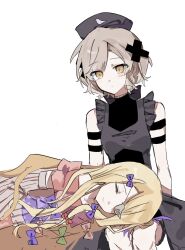  2girls blonde_hair bow closed_eyes commentary_request cross_ornament dress eyepatch gloves green_bow hair_bow hair_ornament hair_ribbon hat highres lap_pillow long_hair magical_girl mahou_shoujo_ikusei_keikaku mahou_shoujo_ikusei_keikaku_restart multiple_girls nurse_cap open_mouth pfle pink_bow purple_bow red_eyes ribbon shadowgale short_hair sitting smile soleidekmo upper_body yellow_eyes yuri 