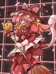  1girl absurdres adapted_costume apron background_request blush bow braid broom brown_background brown_dress brown_hat buttons cat_girl cat_ornament cat_tail commentary cosplay deltarune double-breasted double-parted_bangs dress english_commentary fang feet_out_of_frame floating_hair glint gloves green_eyes grid_background hair_between_eyes hair_bow hat hat_bow highres holding holding_broom kirisame_marisa kirisame_marisa_(cosplay) long_hair long_sleeves looking_at_viewer mad_mew_mew mcsquiddies object_request one_eye_closed open_mouth pink_bow pink_hair red_bow single_braided_sidelock smile solo tail touhou utdr_(toby_fox) white_apron white_bow white_gloves witch_hat 