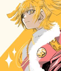  1girl :| aiguillette badge blonde_hair closed_mouth commentary daiba_nana english_commentary fur-trimmed_jacket fur_trim grey_jacket highres jacket jacket_on_shoulders kon_kyk_03 looking_at_viewer looking_to_the_side red_jacket red_sash sash short_hair shoujo_kageki_revue_starlight shoulder_sash solo star_(symbol) two-tone_background two_side_up upper_body white_background wide-eyed yellow_background yellow_eyes 