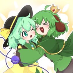  >_< 2girls animal_ears black_hat blush bow buttons cape capelet character_request collared_shirt commentary_request crown diamond_button disembodied_linked_eye dog_ears dog_girl eyeball frilled_shirt_collar frilled_sleeves frills gold_crown green_cape green_capelet green_eyes green_hair green_shirt green_skirt hat hat_bow heart heart_in_mouth hug komeiji_koishi kumanou22 long_sleeves lowres medium_hair mini_crown multiple_girls one_eye_closed open_mouth second-party_source shirt skirt smile touhou wide_sleeves yellow_bow yellow_shirt 