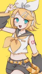  1girl aqua_eyes belt blonde_hair bow breasts commentary_request detached_sleeves fang grey_sailor_collar grey_shorts hair_ornament hairclip headphones headset highres kagamine_rin looking_at_viewer midriff moku_karen navel neckerchief number_tattoo open_mouth parallel_hairclips sailor_collar shirt short_hair shorts sleeveless sleeveless_shirt small_breasts tattoo treble_clef v vocaloid white_bow white_shirt yellow_background yellow_belt yellow_nails yellow_neckerchief yellow_trim 