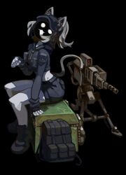  1girl :3 ammunition ammunition_belt ammunition_box animal_ears backpack bag baseball_cap black_background black_hat black_jacket black_shorts boots cat_ears cat_tail colored_skin cropped_jacket ear_protection fingerless_gloves gloves grey_hair hat highres jacket mr_plagu3 open_mouth original paw_pose ponytail sentry short_shorts shorts simple_background sitting solid_circle_eyes solo tail twitter_username white_skin 