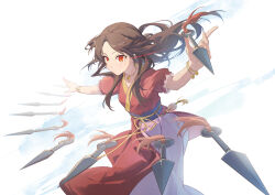  1girl bell chinese_clothes commentary_request concealed_weapon fighting_stance hanfu hidari_yuuko highres legend_of_mortal long_hair neck_bell pink_skirt simple_background skirt tang_moling weapon 