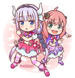  2girls :d :o ahoge amayuki_esuka anya_(spy_x_family) beads black_bow black_hairband blue_eyes blunt_bangs blush boots border bow bow_hairband brooch butterfly_earrings capelet chest_bow child clenched_hands commentary confident cosplay crossover cure_black_pose cure_friendy cure_friendy_(cosplay) cure_white_pose cure_wonderful cure_wonderful_(cosplay) deerstalker dragon_girl dragon_horns dress dress_bow earrings expressionless frilled_wrist_cuffs frills full_body gradient_background gradient_hair green_eyes hair_beads hair_between_eyes hair_ornament hairband hairpods hands_up hat heart heart_brooch horns jewelry jitome kanna_kamui kobayashi-san_chi_no_maidragon legs_apart long_hair looking_at_viewer low-tied_long_hair low_twintails magical_girl medium_hair multicolored_hair multicolored_pantyhose multiple_crossover multiple_girls naganawa_maria open_mouth pact_holder pantyhose petticoat pink_boots pink_bow pink_capelet pink_dress pink_hair pink_pantyhose pink_wrist_cuffs posing pouch precure puffy_short_sleeves puffy_sleeves purple_bow purple_capelet purple_dress purple_hair purple_shoes purple_wrist_cuffs raised_eyebrows round_border shoes short_sleeves side-by-side smile spy_x_family standing striped_bow striped_clothes striped_pantyhose tanezaki_atsumi teeth thigh-highs twintails two-tone_hair two-tone_pantyhose upper_teeth_only v-shaped_eyebrows very_long_hair voice_actor_connection white_border white_thighhighs wonderful_precure! wrist_cuffs yellow_pantyhose zettai_ryouiki 