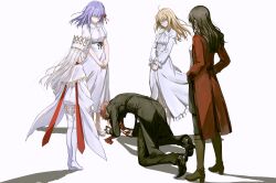  1boy 4girls absurdres aged_up ahoge artoria_pendragon_(fate) black_hair black_pants blonde_hair commentary dress emiya_shirou english_commentary fate/stay_night fate_(series) grey_hair hat heaven's_feel highres illyasviel_von_einzbern illyasviel_von_einzbern_(dress_of_heaven) jacket last_episode_(fate) long_hair long_sleeves looking_at_another matou_sakura multiple_girls official_alternate_costume official_alternate_hairstyle pants purple_hair red_hair red_jacket red_scarf saber_(fate) scarf shadow shokobr short_hair short_sleeves tohsaka_rin white_background white_dress white_hat 
