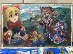  6+girls absurdres alice_margatroid apron black_hat black_shoes black_skirt black_vest blonde_hair blue_dress blue_eyes blue_hair book bow braid broom broom_riding capelet cirno commentary_request daiyousei demon_wings dress frilled_hairband frills goliath_doll green_eyes green_hair hair_bow hairband harikona hat head_wings highres holding holding_book kirisame_marisa koakuma long_hair mary_janes mob_cap multiple_girls open_mouth outdoors painting_(medium) patchouli_knowledge photo_(medium) pink_capelet pink_hat puppet_strings purple_hair red_bow red_hair red_hairband red_sash sack sash scarlet_devil_mansion shanghai_doll shirt shoes side_braid single_braid skirt skirt_set smile socks striped_clothes striped_dress theft touhou traditional_media vertical-striped_clothes vertical-striped_dress very_long_hair vest violet_eyes waist_apron waist_sash watercolor_(medium) white_apron white_bow white_capelet white_shirt white_socks wings witch_hat yellow_eyes 