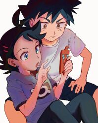  2boys ash_ketchum black_hair black_pants black_shorts blue_eyes brown_eyes closed_mouth commentary_request goh_(pokemon) grey_shirt hands_up holding holding_phone looking_at_phone male_focus matsuno_opa multiple_boys open_mouth pants phone pokemon pokemon_(anime) pokemon_journeys rotom rotom_phone shirt short_hair short_sleeves shorts simple_background sitting spread_legs white_background 