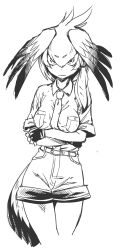  1girl abemorioka arms_under_breasts belt bird_tail breast_pocket breasts closed_mouth collared_shirt commentary_request cowboy_shot gloves greyscale head_wings kemono_friends looking_at_viewer medium_breasts monochrome pocket shirt shoebill_(kemono_friends) short_sleeves shorts simple_background single_sidelock solo tail v-shaped_eyebrows wings 