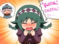  2girls blue_hat blush braid breasts commentary_request dress emphasis_lines green_hair hairband hat kuruha_(sequel_awake) large_breasts laughing medium_hair multiple_girls open_mouth orange_background purple_dress purple_hair sequel_(series) sequel_awake sheena_afa shirosato short_hair shouting smile translation_request twin_braids upper_body white_hairband 