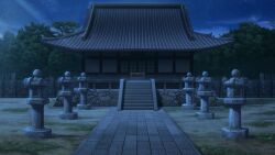 architecture artist_request box clouds donation_box east_asian_architecture flower game_asset graveyard highres moss myouren_temple night no_humans outdoors pink_flower purple_flower scenery sky sotoba stairs star_(sky) starry_sky temple third-party_source tombstone touhou touhou_spell_carnival tree yellow_flower 