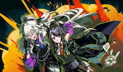  !? 3girls absurdres animal_ears arknights arm_over_shoulder bang_dream! bang_dream!_it's_mygo!!!!! black_gloves black_hair black_jacket chibi chinese_commentary chinese_text closed_eyes closed_mouth collared_shirt commentary_request explosion explosion_background floating_hair gloves grey_hair hair_between_eyes highres jacket lappland_(arknights) lappland_the_decadenza_(arknights) lappland_the_decadenza_(unruly_humbleness)_(arknights) long_hair looking_at_viewer medium_hair multiple_girls ne2op necktie official_alternate_costume purple_shirt red_necktie scar scar_across_eye scar_on_face shirt smile translation_request wakaba_mutsumi wakaba_mutsumi_(cautus) white_shirt wolf_ears wolf_girl yahata_umiri yahata_umiri_(lupo) 