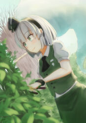  1girl absurdres ascot black_ascot black_bow black_hairband blush bow bow_hairband breasts bush buttons closed_mouth collared_shirt commentary_request cowboy_shot dutch_angle gardening gardening_shears green_eyes green_skirt green_vest hairband highres konpaku_youmu luke_(kyeftss) puffy_short_sleeves puffy_sleeves saigyou_ayakashi shirt short_hair short_sleeves skirt skirt_set small_breasts smile solo touhou vest white_shirt youmu_day 