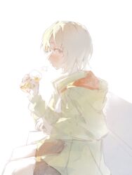  1girl absurdres black_skirt blush commentary cup green_jacket grey_hair highres holding holding_cup jacket jadpon kamiina_botan_yoeru_sugata_wa_yuri_no_hana looking_at_viewer short_hair sitting skirt solo tonami_ibuki violet_eyes 
