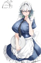  1girl apron black_necktie blue_dress blush braid breasts closed_mouth commentary dress hair_intakes highres holding holding_plate huge_breasts izayoi_sakuya lazyseal looking_to_the_side maid maid_headdress necktie plate seal_(animal) short_hair short_sleeves side_braids simple_background solo touhou twin_braids white_apron white_background 