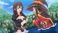  2girls belt belt_buckle black_gloves black_shirt blue_sky bow braid breasts brown_belt brown_cape brown_hair brown_hat buckle cape cleavage_cutout clenched_hands clothing_cutout clouds collared_shirt crown_braid day dress eye_contact fingerless_gloves from_side frown game_asset gloves hair_bow hands_up hat highres kono_subarashii_sekai_ni_shukufuku_wo! kono_subarashii_sekai_ni_shukufuku_wo!_kono_yokubukai_game_ni_shinpan_o! large_breasts long_hair long_sleeves looking_at_another low_twintails megumin multiple_girls nature necktie non-web_source official_art open_mouth outdoors pink_necktie pink_skirt puffy_long_sleeves puffy_sleeves red_bow red_dress red_eyes self-datamine shirt short_hair_with_long_locks short_necktie skirt sky standing twintails upper_body v-shaped_eyebrows wading water wet wet_clothes witch_hat yunyun_(konosuba) 