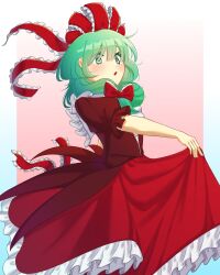  1girl absurdres blush border commentary english_commentary frilled_skirt frills front_ponytail gradient_background green_eyes green_hair hair_ribbon highres kagiyama_hina long_hair looking_at_viewer pink_background red_ribbon red_skirt ribbon short_sleeves skirt solo touhou white_border x_ppresso 