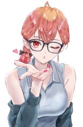  1girl absurdres ahoge alternate_costume alternate_hairstyle bare_shoulders black-framed_eyewear black_bow black_jacket blowing_kiss bow breasts collared_shirt commentary crossed_bangs dhbwinner double-parted_bangs earrings glasses gradient_hair grey_shirt hair_bow hand_up heart highres hololive hololive_dev_is ichijou_ririka jacket jacket_partially_removed jewelry large_breasts long_sleeves looking_at_viewer medium_hair multicolored_hair nail_polish one_eye_closed orange_hair pink_hair pink_nails ponytail red_eyes shirt simple_background sleeveless sleeveless_shirt solo straight-on two-tone_hair untranslatable_commentary upper_body virtual_youtuber white_background 