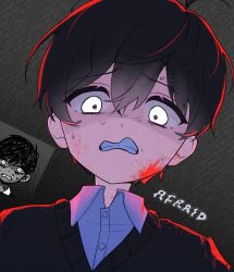  1boy antenna_hair black_hair black_sweater_vest blood blood_on_clothes blood_on_face citan_(reci_tan) clenched_teeth collared_shirt commentary double-parted_bangs english_text hair_between_eyes highres looking_at_viewer male_focus omori open_mouth reference_inset shirt solo sunny_(omori) sweat sweater_vest teeth white_eyes white_shirt 