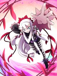  1girl commentary_request full_body green_eyes grin hair_between_eyes hair_ribbon highres kashuu_(b-q) long_hair long_sleeves mistelteinn reaching reaching_towards_viewer red_ribbon ribbon sharp_teeth smile solo symbol-shaped_pupils teeth very_long_hair white_hair yumekui_merry 