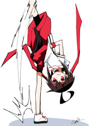  1girl ahoge armband bent_over bike_shorts brown_hair clothes_around_waist commentary_request foot_out_of_frame generalcanon hands_in_pockets headband high_kick highres hood hoodie kicking leg_up long_hair looking_up martial_arts open_mouth original red_armband red_eyes red_headband shoes simple_background smear_frame smile standing standing_on_one_leg takebana_nanoha white_background white_hoodie white_shoes 