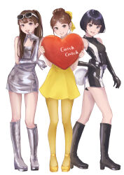  3girls absurdres armpits bare_arms bare_shoulders black_boots black_dress black_eyes black_gloves black_hair blunt_bangs bob_cut boots bow bright_pupils brown_eyes brown_hair choi_yena colored_eyelashes commentary dress elbow_gloves english_commentary eyelashes eyewear_on_head fake_tail finger_to_mouth full_body gloves grey_boots grey_dress grey_gloves grey_scarf grin hair_bow hair_bun hair_over_shoulder hand_on_own_elbow hand_on_own_hip happy heart high_heel_boots high_heels high_ponytail highres holding holding_heart idol k-pop knee_boots lipstick makeup multiple_girls multiple_persona open_mouth pantyhose pink_lips platform_shoes pleated_dress poe_(528yuzunon) ponytail rabbit_tail real_life scarf shoes short_dress short_hair simple_background single_hair_bun sleeveless sleeveless_dress smile strapless strapless_dress sunglasses tail teeth tight_clothes tight_dress turtleneck turtleneck_dress updo upper_teeth_only white-framed_eyewear white_background white_pupils yellow_bow yellow_dress yellow_pantyhose yellow_shoes 
