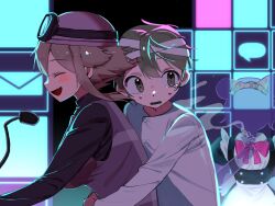  1boy 1girl :d alternate_breast_size_(larger) aojiru_(yume_2kki) bandaged_head bandages black_sweater brown_hair closed_eyes commentary fang ghost goggles goggles_on_head green_eyes green_hair hand_on_another's_waist helmet highres lim_(10000_us) motor_vehicle motorcycle motorcycle_helmet open_mouth plaid_clothes plaid_sweater_vest plaid_vest purple_sweater_vest purple_vest robe short_hair sidelocks smile sweater sweater_vest tearing_up turtleneck turtleneck_sweater untranslatable_commentary upper_body urotsuki vest white_robe yume_2kki 
