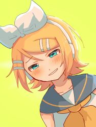  1girl blonde_hair blue_eyes bow grey_sailor_collar hair_bow hair_ornament hairclip half-closed_eyes headphones highres kagamine_rin koharuku0607 looking_at_viewer neckerchief parallel_hairclips sailor_collar shirt simple_background sleeveless sleeveless_shirt smile upper_body vocaloid white_bow white_shirt yellow_neckerchief yellow_trim 