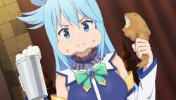  1girl :i alcohol aqua_(konosuba) bare_shoulders beer beer_mug blue_choker blue_eyes blue_gem blue_hair blue_shirt bow bowtie brick_wall brooch chicken_(food) choker crumbs cup curtains detached_sleeves dutch_angle eating food food_on_face fried_chicken frilled_choker frills game_asset gem green_bow green_bowtie hair_rings highres holding holding_cup holding_food indoors jewelry kono_subarashii_sekai_ni_shukufuku_wo! kono_subarashii_sekai_ni_shukufuku_wo!_kono_yokubukai_game_ni_shinpan_o! long_hair looking_at_viewer mug non-web_source official_art puffy_cheeks self-datamine shirt single_hair_ring sleeveless sleeveless_shirt solo upper_body v-shaped_eyebrows white_sleeves 