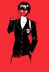  1boy adjusting_eyewear amamiya_ren backpack bag glasses highres kuroko_mikura limited_palette male_focus persona persona_5 red_background round_eyewear school_uniform shuujin_academy_school_uniform simple_background sketch solo 