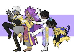  4boys absurdres arjuna_(fate) arjuna_alter_(fate) barefoot bhima_(fate) black_eyes black_hair black_pants black_shoes blue_eyes cape closed_mouth colored_skin commentary_request dark-skinned_male dark_skin fate/grand_order fate_(series) full_body gloves gold_trim grey_eyes highres horns indra_(fate) jewelry leg_up long_hair male_focus multiple_boys pants purple_hair shirofox66 shoes short_hair simple_background smile standing standing_on_one_leg tail violet_eyes white_background white_gloves white_hair white_pants yotsubato!_pose 
