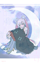  1girl absurdres arms_on_knees bare_shoulders black_kimono blue_background blue_eyes blueiseul character_name cho_kaguya-hime! closed_mouth clouds collarbone colored_extremities colored_inner_hair commentary crescent_moon dated dot_nose frilled_sleeves frills full_body hair_rings halterneck high_heels highres japanese_clothes kimono knees_up light_smile long_hair long_sleeves looking_at_viewer moon multicolored_eyes multicolored_hair off_shoulder on_crescent outstretched_arms own_hands_together pink_hair print_kimono pumps red_trim runami_yachiyo runami_yachiyo_(tsukuyomi) shoes sideways_glance sitting solo thick_eyebrows twintails two-tone_eyes two-tone_hair untranslatable_commentary very_long_hair violet_eyes white_hair wide_sleeves yellow_shoes 