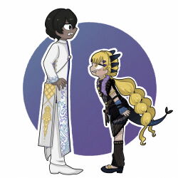  1boy 1girl absurdres arjuna_(fate) black_dress black_eyes black_hair blonde_hair braid coat commentary_request dark-skinned_male dark_skin dragon_girl dragon_horns dragon_tail dress facial_mark fate/grand_order fate_(series) from_side full_body grin hair_ornament highres horns jewelry long_hair long_sleeves looking_at_another low_twintails outline pants sharp_teeth shirofox66 shoes smile standing tail teeth twintails very_long_hair vritra_(fate) vritra_(young)_(fate) white_outline white_pants yellow_eyes 