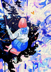  1girl absurdres blue_sailor_collar blue_skirt bug butterfly clouds commentary english_commentary facing_away from_behind full_body hato_(n_hat_mu) highres ligne_claire long_sleeves moon original pink_hair pleated_skirt sailor_collar school_uniform serafuku shirt shoes short_hair skirt sky socks solo surreal swing tree white_shirt white_socks 