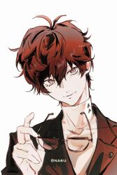  1boy absurdres amamiya_ren antenna_hair chidian_chidian closed_mouth hair_between_eyes head_tilt highres holding holding_removed_eyewear jacket lapels looking_at_viewer male_focus monochrome notched_lapels persona persona_5 portrait short_hair simple_background smile solo sweater turtleneck turtleneck_sweater unworn_eyewear watermark white_background 