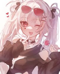  1girl 4_tabena :d bare_shoulders black_shirt blush butterfly-shaped_pupils candy commentary_request double-parted_bangs eyewear_on_head facial_mark finger_to_mouth food hair_ornament heart heart_facial_mark highres holding holding_candy holding_food holding_lollipop honkai:_star_rail honkai_(series) jewelry loki_(marvel) lollipop long_hair necklace official_alternate_costume pink_eyes shirt simple_background sleeves_past_wrists smile solo sparkle_(honkai:_star_rail) sparxie_(candy-coated_waves)_(honkai:_star_rail) sparxie_(honkai:_star_rail) sunglasses symbol-shaped_pupils twintails two_side_up upper_body white_background white_hair x_hair_ornament 
