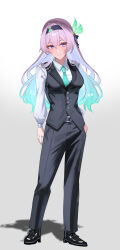  1girl absurdres alternate_costume aqua_eyes aqua_necktie belt black_belt black_hairband black_pants black_shoes black_vest breasts closed_mouth collared_shirt commentary_request firefly_(honkai:_star_rail) full_body gradient_background gradient_hair grey_hair hairband hand_in_pocket highres honkai:_star_rail honkai_(series) long_hair long_sleeves looking_at_viewer medium_breasts miya-chan_(lightning0730) multicolored_hair necktie pants shirt shoes simple_background smile solo very_long_hair vest violet_eyes waistcoat white_shirt 