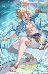  1boy abs absurdres anklet arm_up aventurine_(honkai:_star_rail) aventurine_(waveflair)_(honkai:_star_rail) bare_pectorals blonde_hair blue-tinted_eyewear blue_hair blue_shirt bracelet braid collared_shirt commentary full_body highres honkai:_star_rail honkai_(series) jewelry male_focus medium_hair multicolored_hair multiple_bracelets multiple_necklaces muscular muscular_male necklace nemui_mori ocean official_alternate_costume one_eye_closed open_clothes open_mouth open_shirt outdoors outstretched_arm palm_leaf pectorals print_shirt sandals sash shirt shorts side_braid sky sleeve_cuffs smile solo streaked_hair surfboard surfing teeth tinted_eyewear triangle_mouth untranslatable_commentary upper_teeth_only water waves white_shorts wing_collar yellow-framed_eyewear 