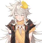  1boy blush closed_eyes emoji genshin_impact grey_hair hair_between_eyes headpat long_hair male_focus razor_(genshin_impact) razor_is_cute scar scar_on_arm scar_on_face simple_background smile solo upper_body very_long_hair white_background 