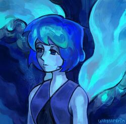  1girl absurdres animification blue_eyes blue_hair blue_skin blue_theme closed_mouth colored_skin commentary gem_(steven_universe) highres homeworld_gem_uniform lapis_lazuli_(steven_universe) liquid_wings painterly short_hair solo steven_universe tareme upper_body wayfarertm 
