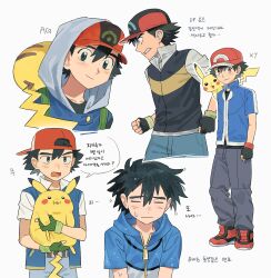  5boys ash_ketchum backwards_hat baseball_cap black_gloves black_pants blue_jacket clenched_hands closed_eyes commentary_request fingerless_gloves gloves hat highres holding holding_pokemon hood hooded_jacket jacket jungeol_(p_oxo7) korean_commentary korean_text male_focus multiple_boys multiple_persona pants pikachu pokemon pokemon_(anime) pokemon_(classic_anime) pokemon_(creature) pokemon_the_series:_black_&amp;_white pokemon_the_series:_diamond_and_pearl pokemon_the_series:_ruby_and_sapphire pokemon_the_series:_xy red_hat short-sleeved_jacket short_sleeves smile translation_request wet 