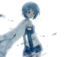  1girl artist_name bare_shoulders blue_dress blue_eyes blue_hair blue_skirt blue_sleeves cape commentary corset detached_sleeves dot_nose dress english_commentary expressionless frilled_dress frills from_behind gloves gold_trim long_sleeves looking_at_viewer looking_back magical_girl mahou_shoujo_madoka_magica mahou_shoujo_madoka_magica_(anime) miki_sayaka miki_sayaka_(magical_girl) miniskirt parted_lips pleated_skirt pluvias short_hair signature simple_background skirt solo standing strapless strapless_dress white_background white_cape white_corset white_gloves white_trim 