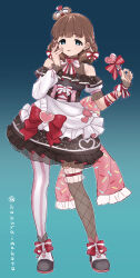  1girl absurdres asymmetrical_legwear bare_shoulders blue_eyes bow braid breasts brooch brown_hair candy commentary_request crown dress fishnets food full_body hair_ribbon heart heart-shaped_food heart-shaped_lollipop heart_brooch highres holding holding_candy holding_food holding_lollipop idolmaster idolmaster_cinderella_girls jewelry light_smile lollipop looking_at_viewer mini_crown mismatched_legwear parted_lips ribbon ribbon_in_braid sakuma_mayu sengokutan_(hakurai521) shaped_lollipop short_hair small_breasts solo striped_clothes striped_thighhighs thigh-highs 