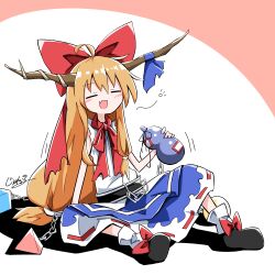  1girl :d ahoge asymmetrical_sidelocks belt black_belt black_shoes blue_overskirt blue_ribbon blue_skirt bow bowtie brown_horns chain closed_mouth commentary_request cube drunk fang from_side generalcanon gourd hair_bow hand_on_ground hand_up highres holding holding_gourd horn_ornament horn_ribbon horns ibuki_suika long_hair low-tied_long_hair low-tied_sidelocks open_mouth orange_hair orb pyramid_(geometry) red_background red_bow red_bowtie ribbon shirt shoes sidelocks signature simple_background skin_fang skirt sleeveless sleeveless_shirt smile socks solo torn_clothes touhou two-tone_background two-tone_skirt very_long_hair white_background white_shirt white_skirt white_socks 