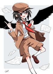  1girl :d bag black_hair black_wings book border brown_hat brown_jacket brown_shoes brown_shorts collared_shirt commentary_request dot_nose flat_cap flying_paper foot_out_of_frame generalcanon grey_background hair_between_eyes hat highres holding holding_book holding_pen jacket lapels light_blush long_sleeves looking_at_viewer medium_hair necktie open_clothes open_jacket open_mouth outside_border paper pen pointing pointing_up pointy_ears red_necktie shameimaru_aya shameimaru_aya_(newsboy) shirt shirt_tucked_in shoelaces shoes shorts shoulder_bag simple_background smile solo suit_jacket tengu touhou two-tone_background v-shaped_eyebrows white_border white_shirt wings 