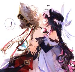  ...? 2girls arm_ribbon arms_around_another's_back bare_shoulders black_collar black_dress black_hair black_sleeves blue_eyes blush bonnet braid braided_base breasts brown_hair bun_with_braided_base closed_eyes closed_mouth collar columbina_(genshin_impact) commentary daznutzs detached_sleeves dress genshin_impact gradient_hair hair_bun hair_ornament hand_on_lap head_wings headdress heart heart-shaped_hair highres hug kiss kissing_neck long_hair long_sidelocks long_sleeves multicolored_hair multiple_girls multiple_wings purple_hair purple_streaks ribbon sandrone_(genshin_impact) short_hair short_hair_with_long_locks sidelocks simple_background streaked_hair two-tone_hair untranslatable_commentary very_long_hair white_background white_dress white_headdress white_wings winding_key wing_hair_ornament wings wrist_bow yuri 