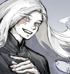  1boy erased_lyut gachiakuta grey_shirt highres long_hair male_focus open_mouth scar scar_across_eye scar_on_face shirt smile solo tamsy_caines teeth upper_body white_hair 