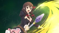  1girl black_shirt bow braid brown_hair casting_spell cleavage_cutout clothing_cutout collared_shirt crown_braid dutch_angle game_asset green_background hair_bow highres holding holding_wand kono_subarashii_sekai_ni_shukufuku_wo! kono_subarashii_sekai_ni_shukufuku_wo!_kono_yokubukai_game_ni_shinpan_o! lightning long_sleeves looking_ahead low_twintails necktie non-web_source official_art open_mouth pink_necktie pink_skirt puffy_long_sleeves puffy_sleeves red_bow red_eyes self-datamine shirt short_necktie skirt solo standing twintails upper_body v-shaped_eyebrows wand yunyun_(konosuba) 