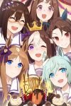  2023 :d ;d ^_^ absurdres animal_ears birthday_cake blue_eyes bow bowtie brown_hair cake candle carrot chinese_commentary closed_eyes commentary_request crown dated domino_mask ear_bow ear_covers el_condor_pasa_(umamusume) flower food golden_generation_(umamusume) grass_wonder_(umamusume) hair_between_eyes hair_flower hair_ornament hairclip happy_birthday highres horse_ears horse_girl horseshoe_ornament king_halo_(umamusume) light_green_hair long_hair mask multicolored_hair one_eye_closed purple_bow purple_bowtie purple_serafuku purple_shirt red_eyes sailor_collar sailor_shirt school_uniform seiun_sky_(umamusume) serafuku shirt short_hair single_ear_cover sipeiren smile special_week_(umamusume) streaked_hair sunflower_hair_ornament tracen_school_uniform tsurumaru_tsuyoshi_(umamusume) two-tone_hair umamusume violet_eyes white_hair 